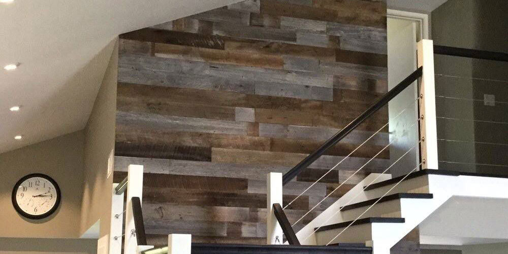 reclaimed wood panels over stairs